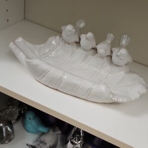 Brand New Heavy White Ceramic Leaf with Birds Decor 14"L X 7"W